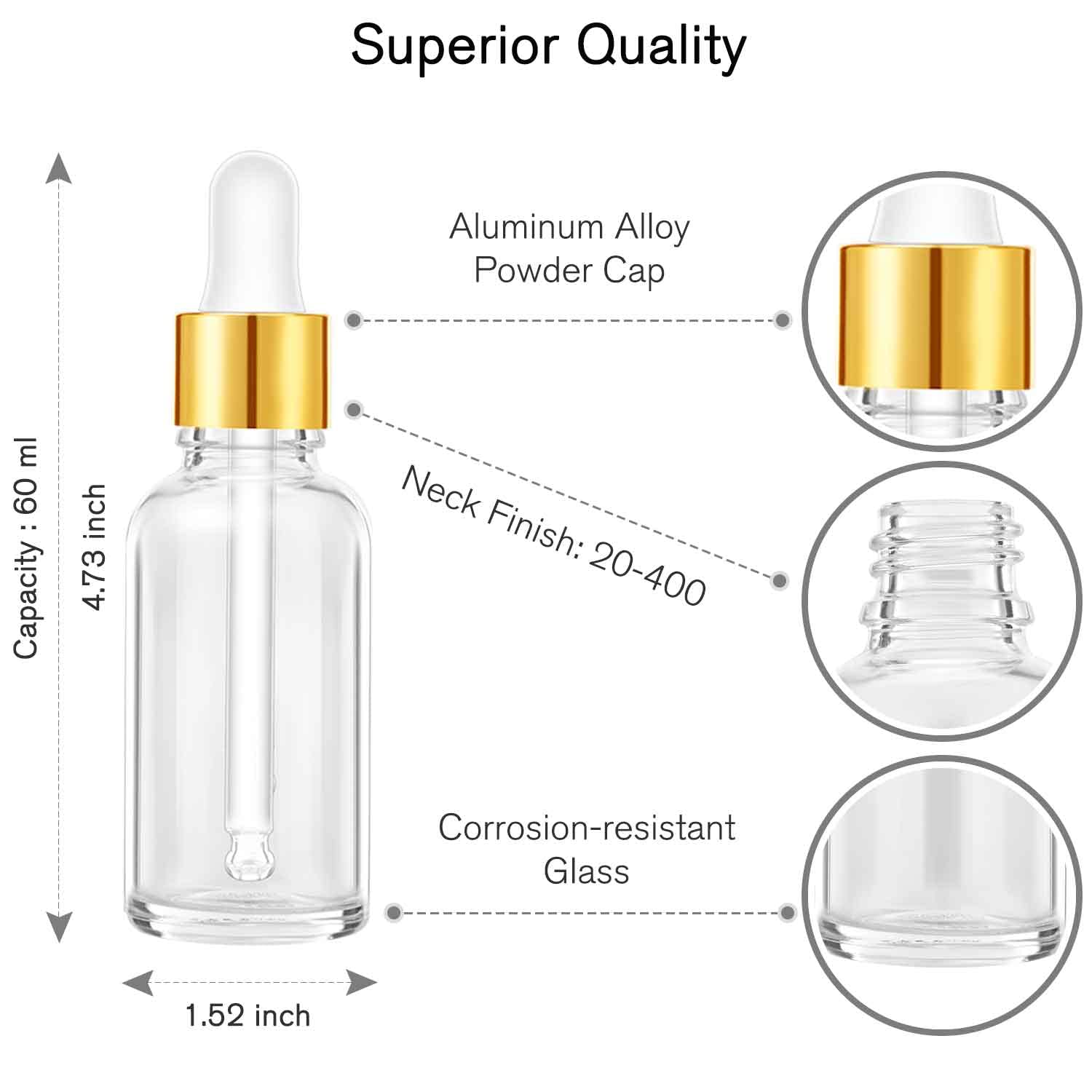 24 Pack 2 Oz Glass Eye Dropper Bottles Clear  60 ml Empty Tincture Dropper Bottle with droppers  1 Extra Cap  2 Plastic Funnels  2 Pipettes & 48 stickers for DIY Essential Oils  Body Oil  Beauty Oil
